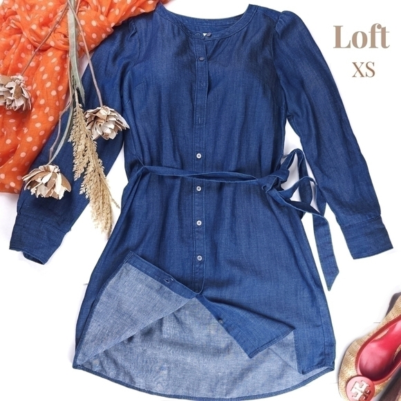 LOFT Dresses & Skirts - Loft Blue Lyocel Linen Blend Button Down Dress Sz Xs